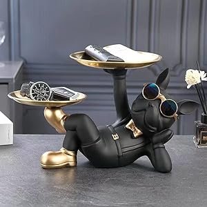 Gvnd Resin Bulldog Storage Tray Key Candy Jewelry Earrings Tray, 2 Metal Trays Animal Sculpture Table Decoration French Bulldog Figurine Sculptures for Home Decor Living Room Office Fun Ornament - Image 2