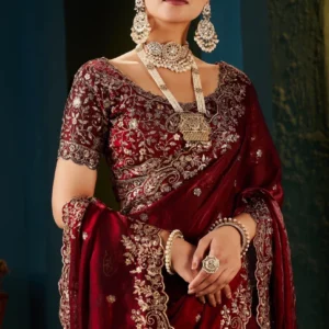 NAIVIRYA Embroidered, Embellished Bollywood Silk Blend Saree (Maroon)