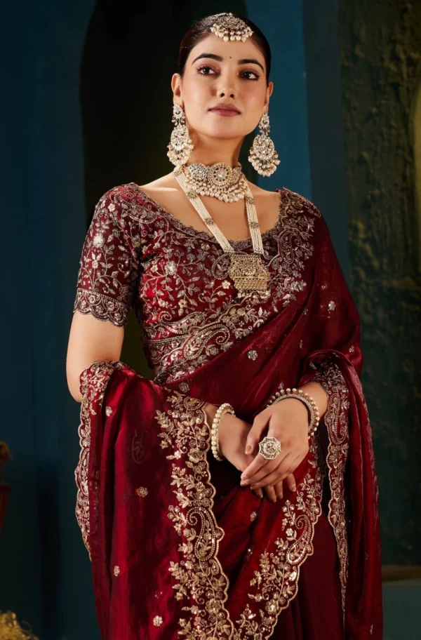 NAIVIRYA Embroidered, Embellished Bollywood Silk Blend Saree (Maroon)