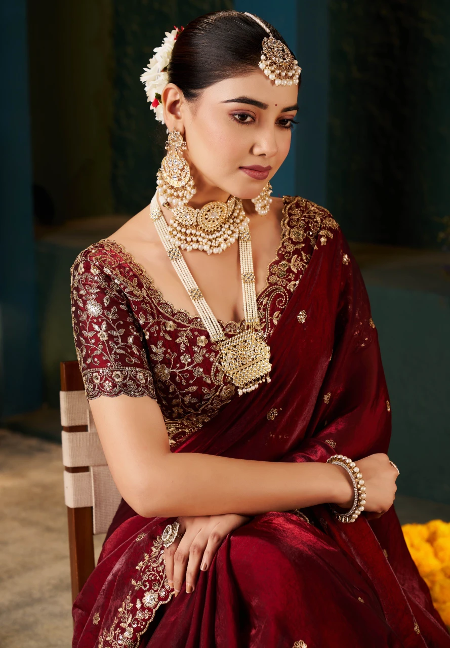 NAIVIRYA Embroidered, Embellished Bollywood Silk Blend Saree (Maroon) - Image 4